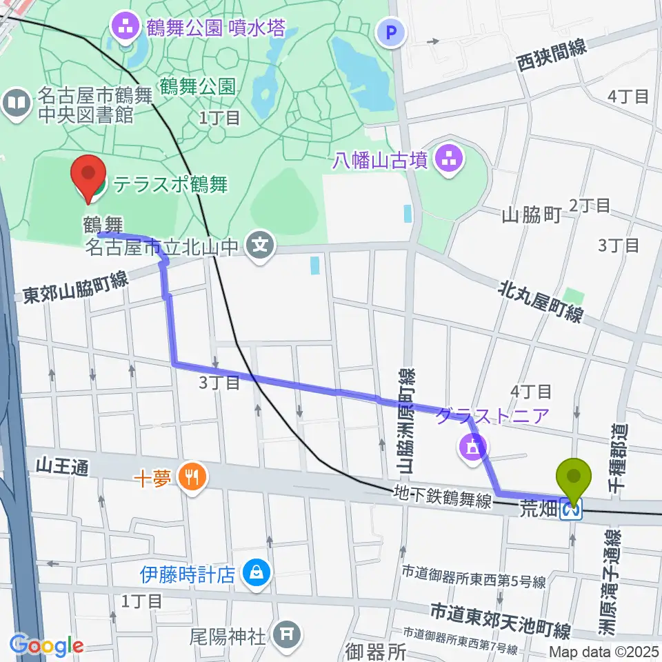 荒畑駅からテラスポ鶴舞へのルートマップ地図