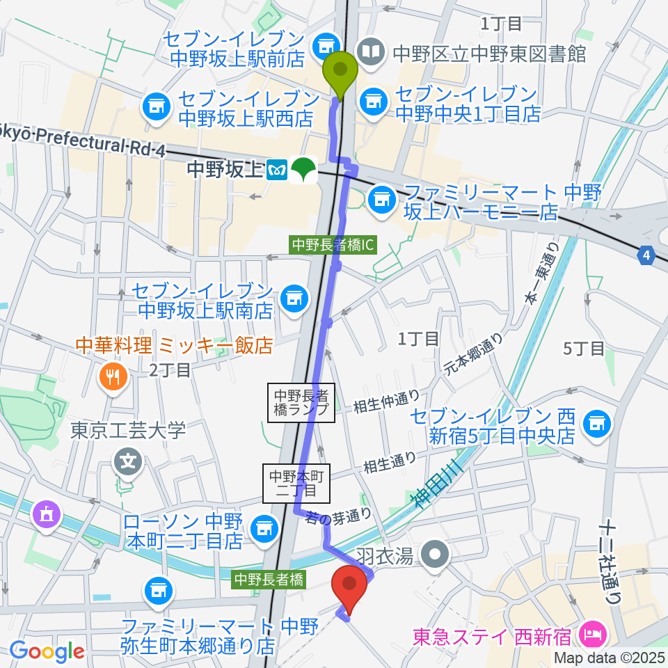 中野坂上駅からファズイットスタジオへのルートマップ地図