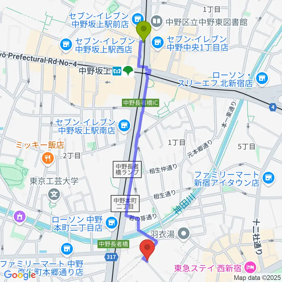 中野坂上駅からファズイット・スタジオへのルートマップ地図