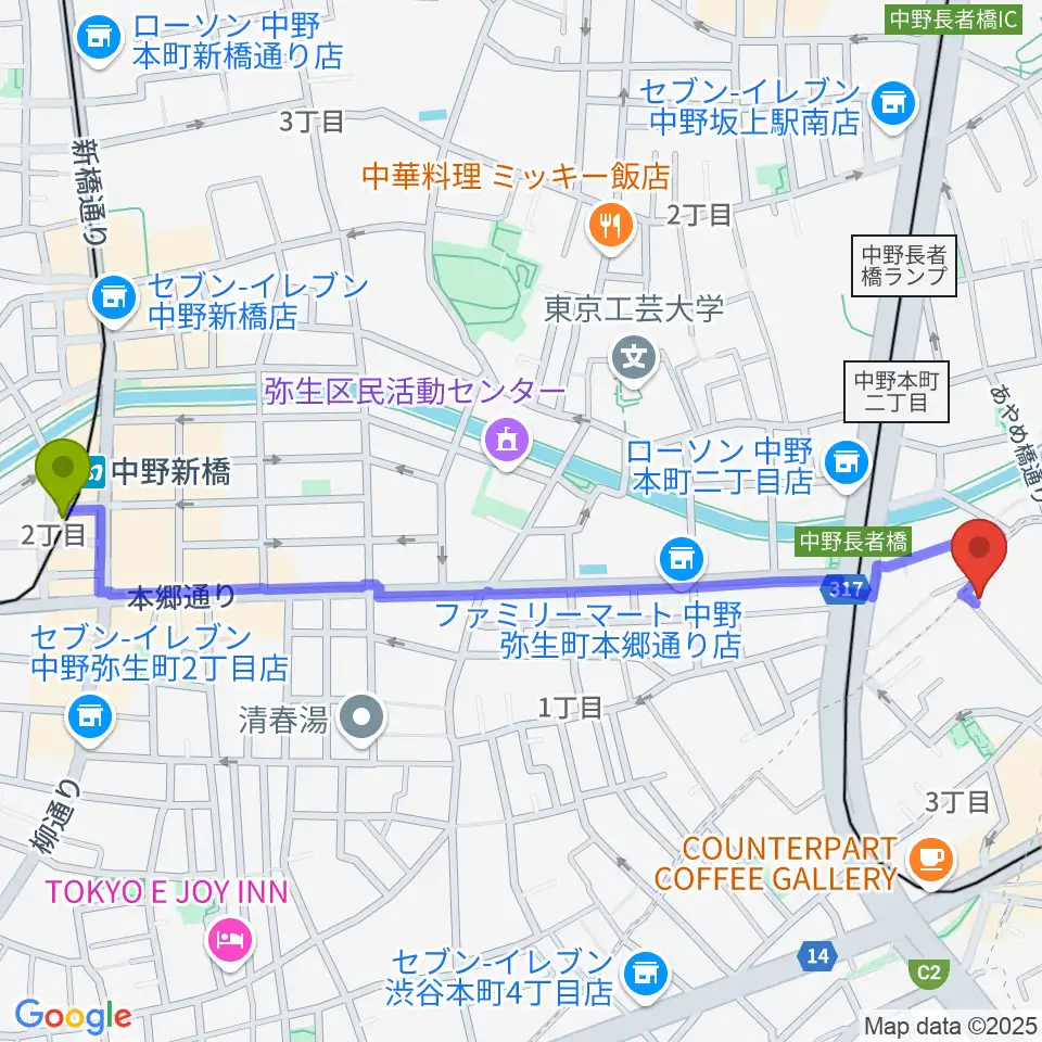 中野新橋駅からファズイットスタジオへのルートマップ地図