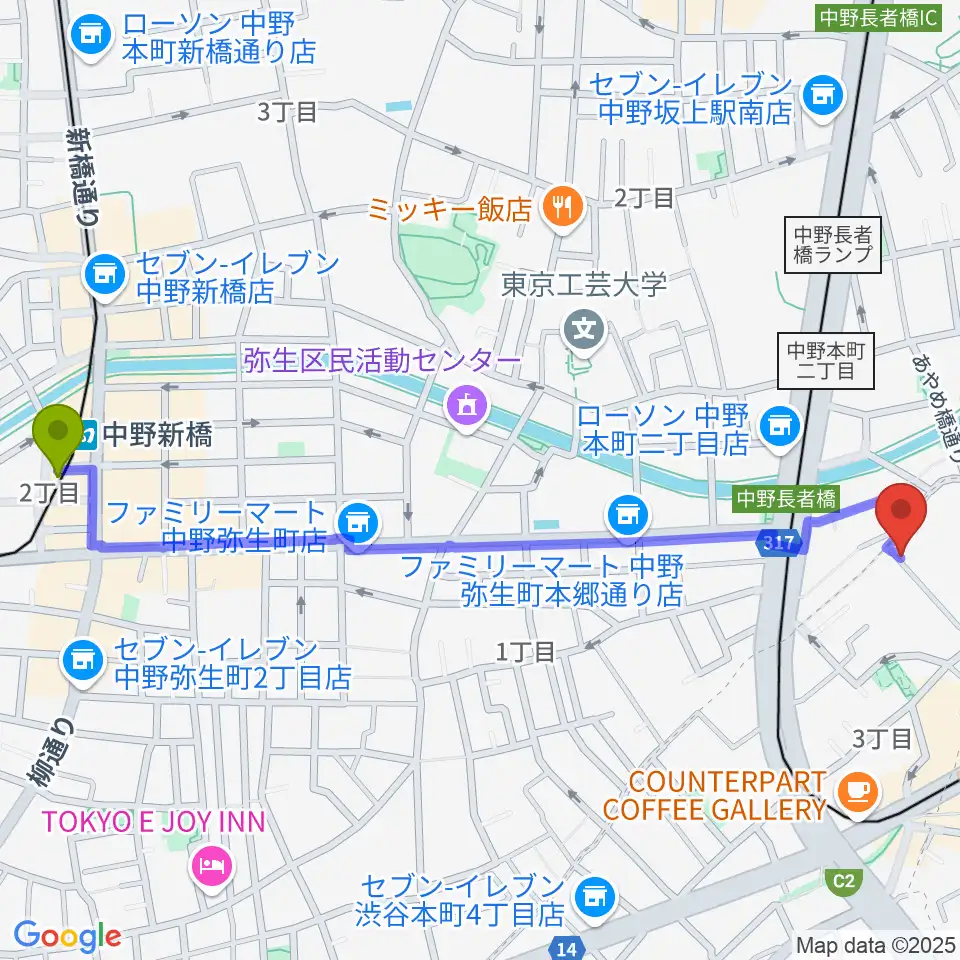 中野新橋駅からファズイット・スタジオへのルートマップ地図