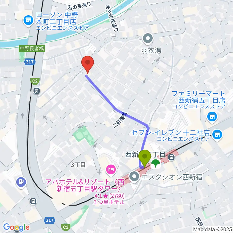 ファズイットスタジオの最寄駅西新宿五丁目駅からの徒歩ルート（約4分）地図