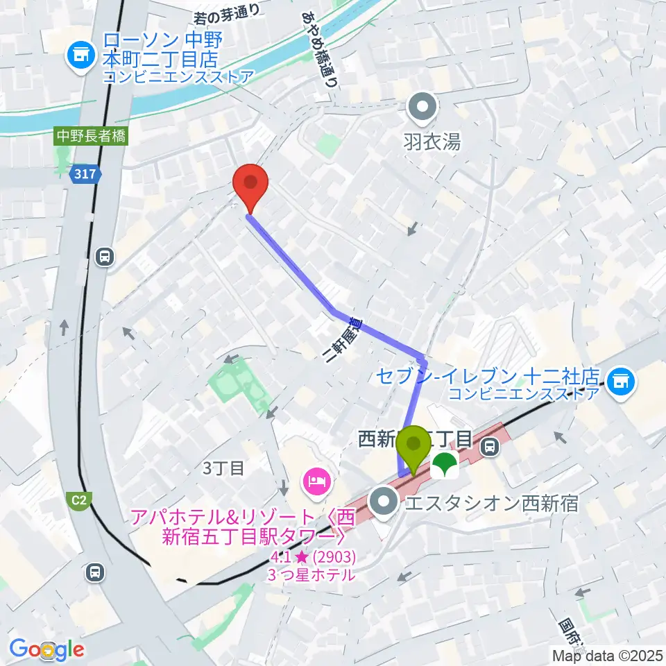 ファズイット・スタジオの最寄駅西新宿五丁目駅からの徒歩ルート（約4分）地図