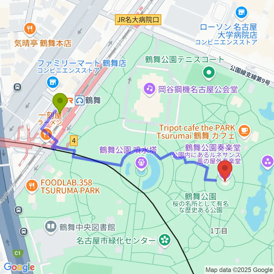 鶴舞公園奏楽堂の最寄駅鶴舞駅からの徒歩ルート（約5分）地図