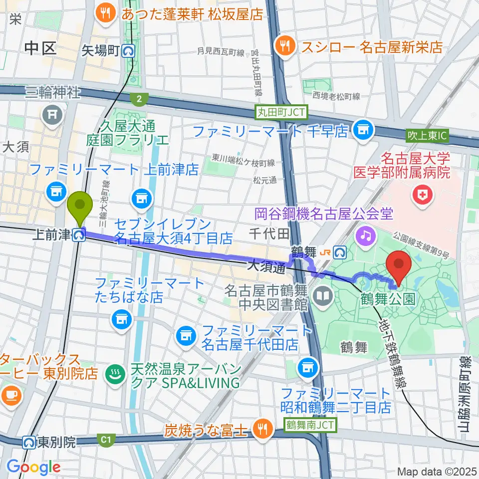 上前津駅から鶴舞公園奏楽堂へのルートマップ地図