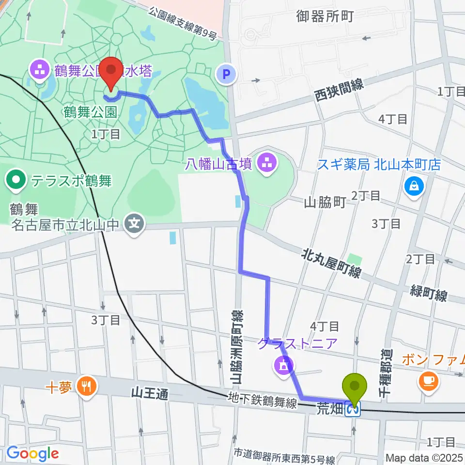 荒畑駅から鶴舞公園奏楽堂へのルートマップ地図