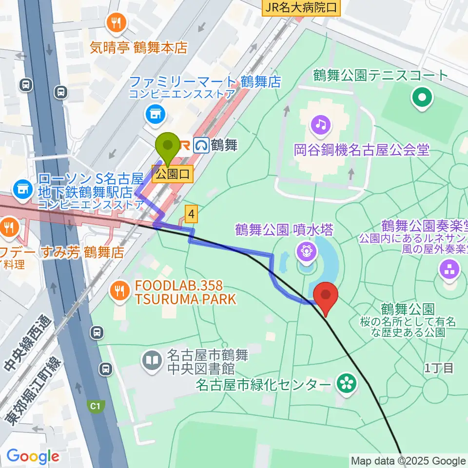 普選記念壇の最寄駅鶴舞駅からの徒歩ルート（約4分）地図