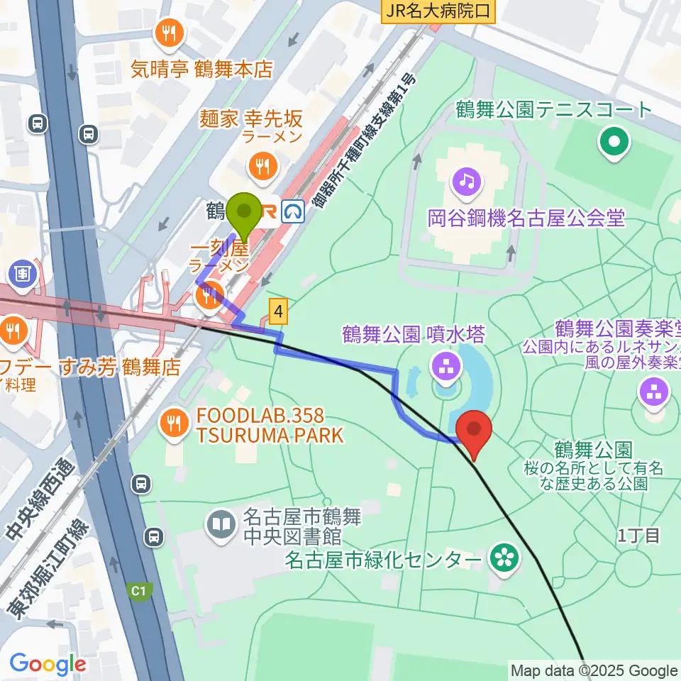 普選記念壇の最寄駅鶴舞駅からの徒歩ルート（約4分）地図