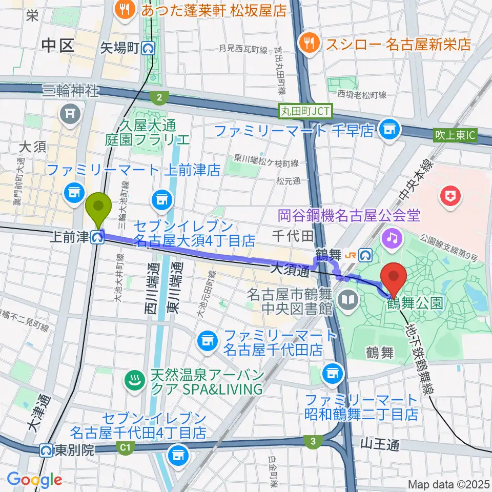 上前津駅から普選記念壇へのルートマップ地図