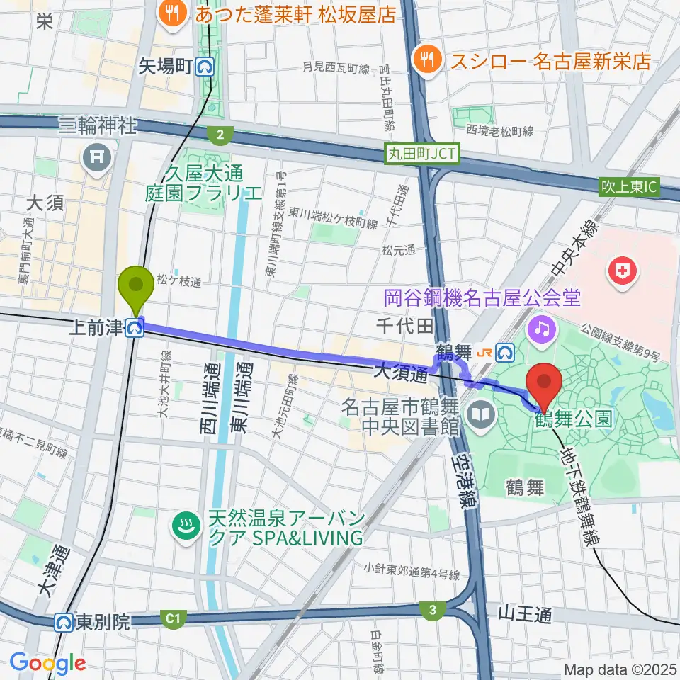 上前津駅から普選記念壇へのルートマップ地図