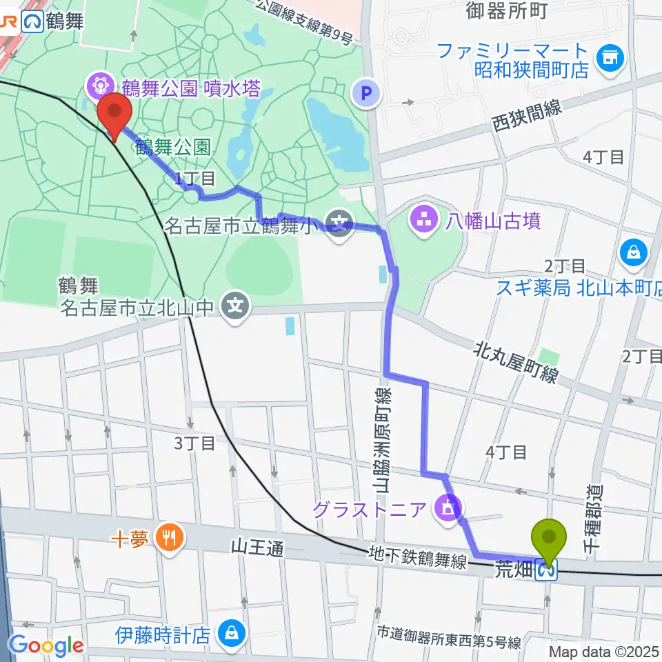 荒畑駅から普選記念壇へのルートマップ地図