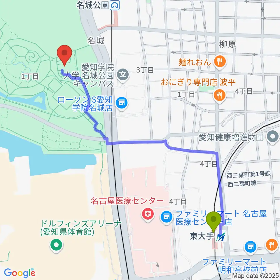 東大手駅から名城公園フラワープラザへのルートマップ地図