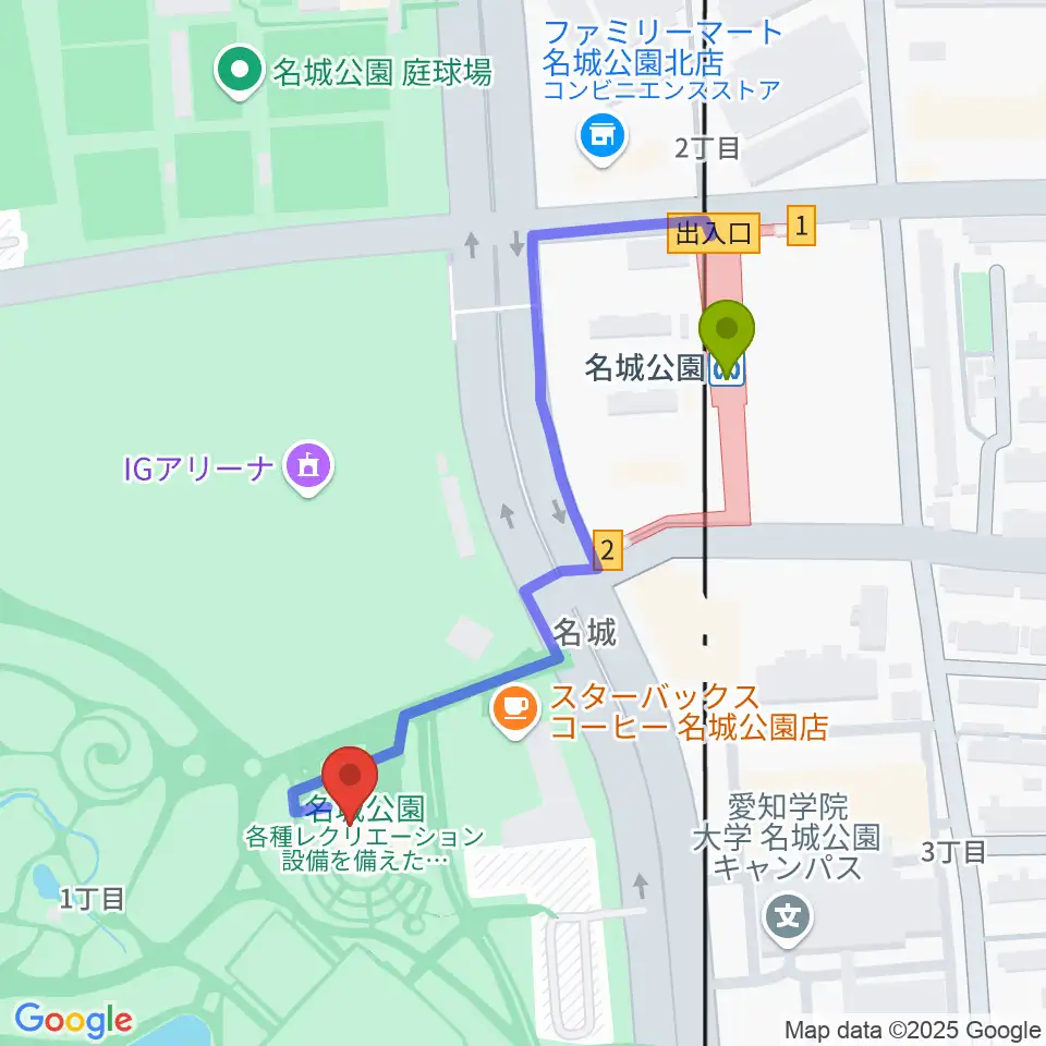 名城公園フラワープラザの最寄駅名城公園駅からの徒歩ルート（約4分）地図