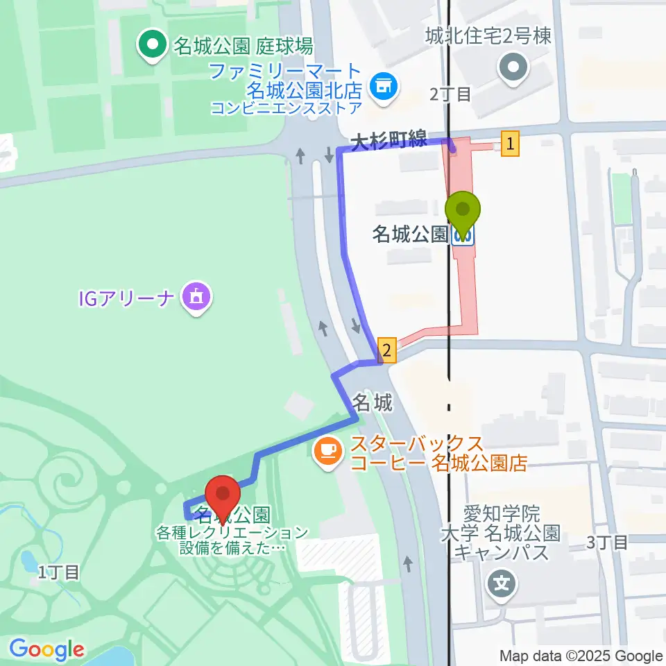 名城公園フラワープラザの最寄駅名城公園駅からの徒歩ルート（約4分）地図