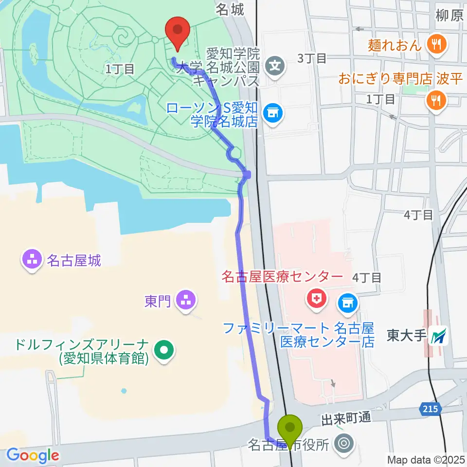 市役所駅から名城公園フラワープラザへのルートマップ地図