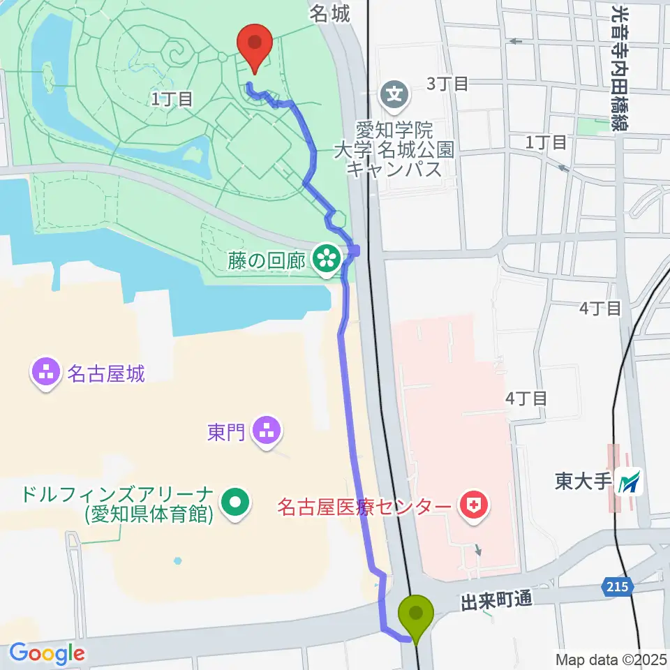 市役所駅から名城公園フラワープラザへのルートマップ地図