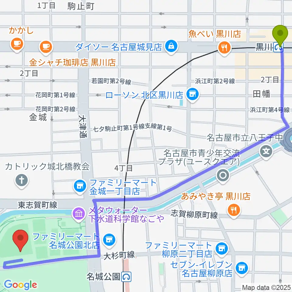 黒川駅から名城公園野球場へのルートマップ地図