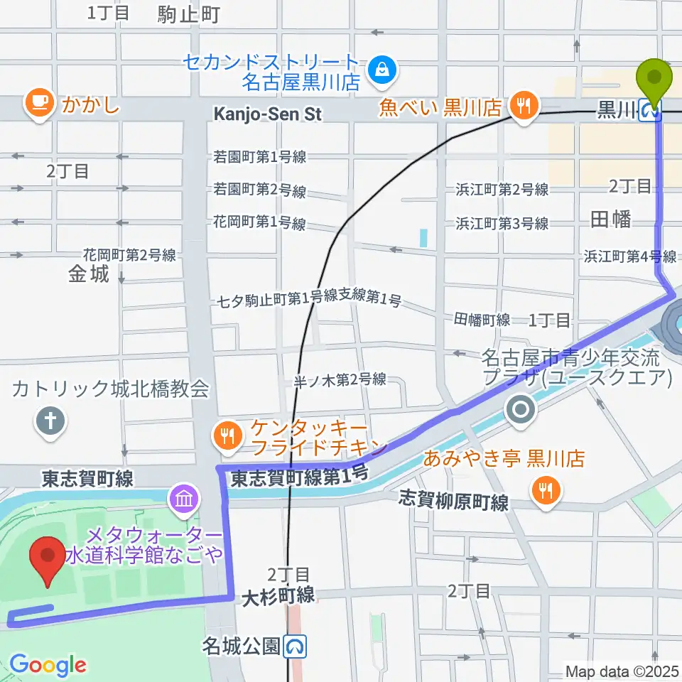 黒川駅から名城公園野球場へのルートマップ地図