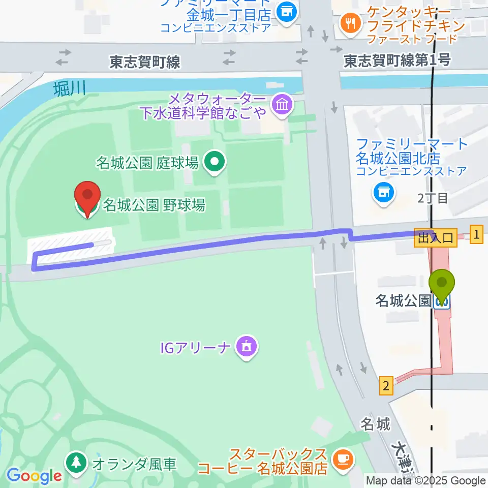 名城公園野球場の最寄駅名城公園駅からの徒歩ルート（約6分）地図