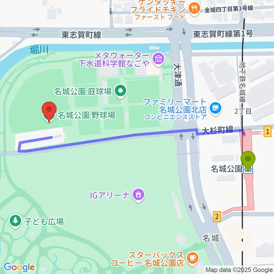 名城公園野球場の最寄駅名城公園駅からの徒歩ルート（約6分）地図