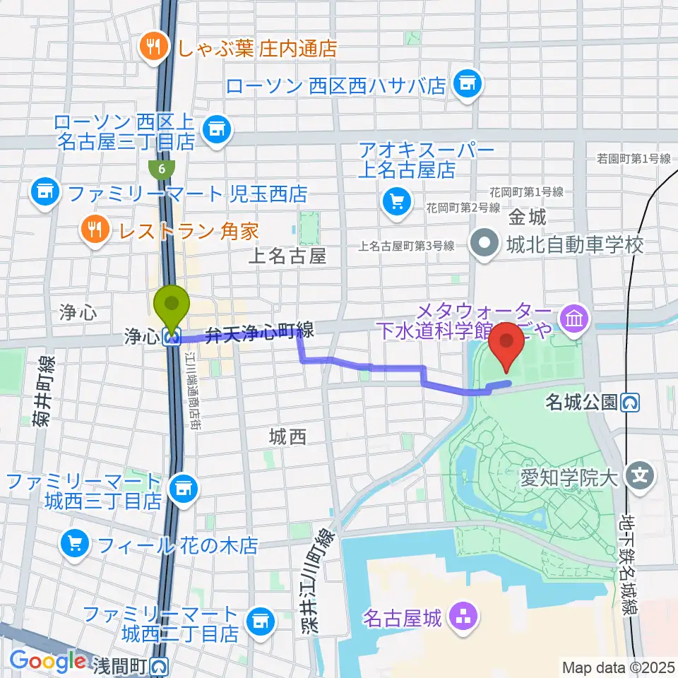 浄心駅から名城公園野球場へのルートマップ地図