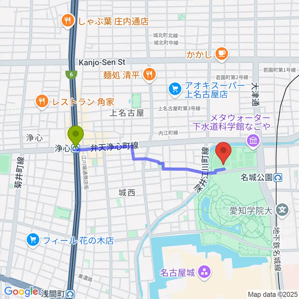 浄心駅から名城公園野球場へのルートマップ地図
