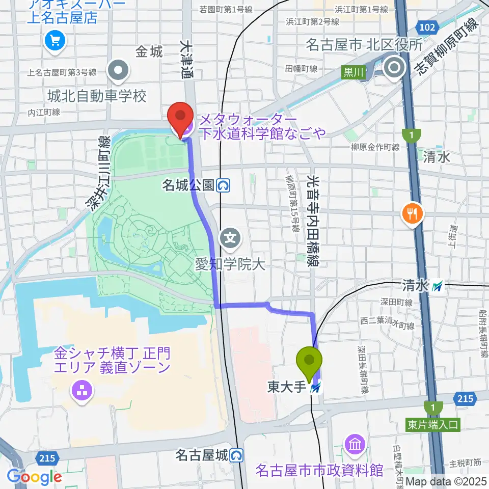 東大手駅からメタウォーター下水道科学館なごやへのルートマップ地図