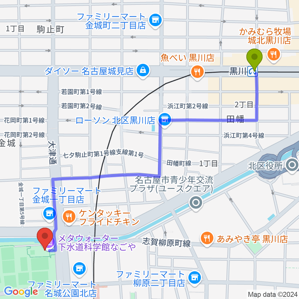 黒川駅からメタウォーター下水道科学館なごやへのルートマップ地図