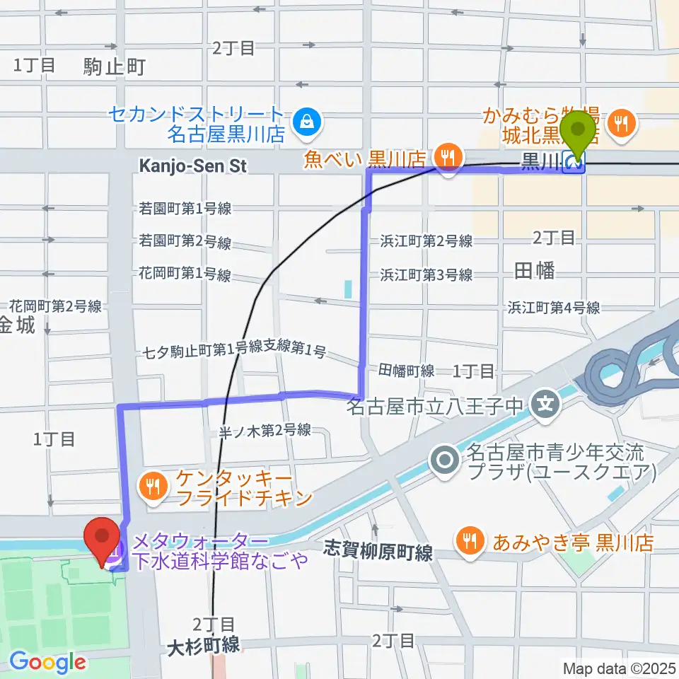 黒川駅からメタウォーター下水道科学館なごやへのルートマップ地図
