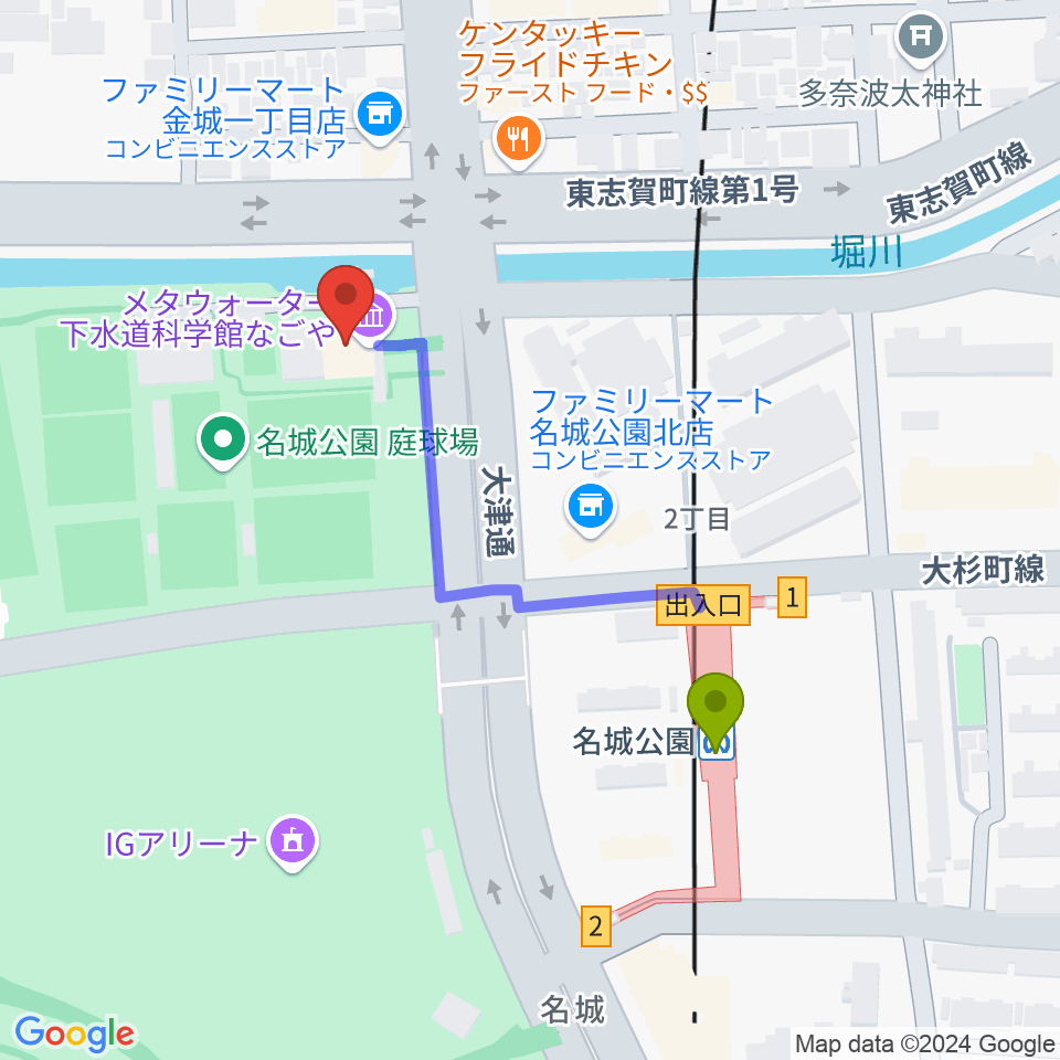 メタウォーター下水道科学館なごやの最寄駅名城公園駅からの徒歩ルート（約4分）地図