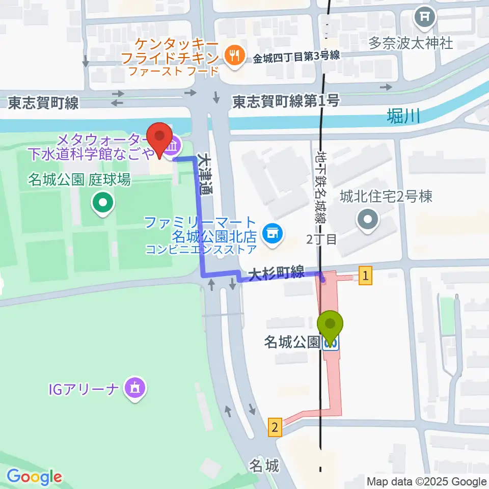 メタウォーター下水道科学館なごやの最寄駅名城公園駅からの徒歩ルート（約4分）地図