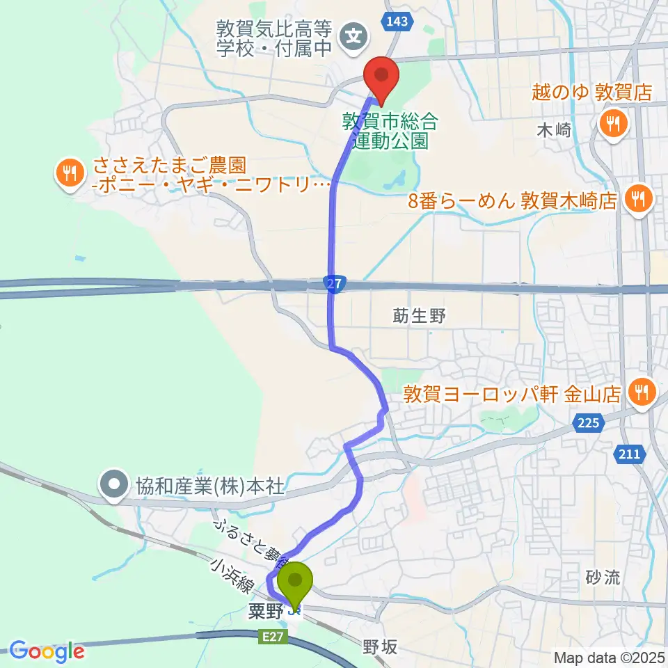 敦賀市総合運動公園体育館の最寄駅粟野駅からの徒歩ルート（約47分）地図