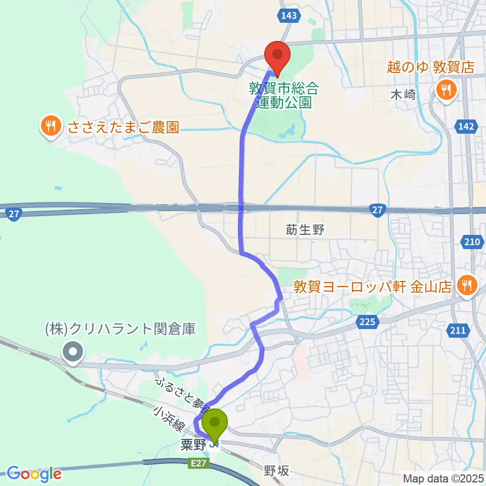 敦賀市総合運動公園体育館の最寄駅粟野駅からの徒歩ルート（約47分）地図