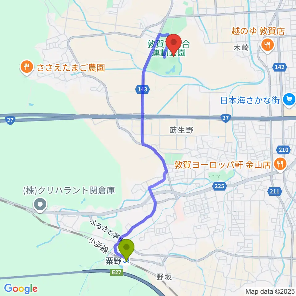 敦賀市総合運動公園陸上競技場の最寄駅粟野駅からの徒歩ルート（約44分）地図