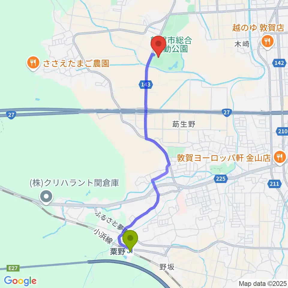 敦賀市総合運動公園野球場の最寄駅粟野駅からの徒歩ルート（約42分）地図