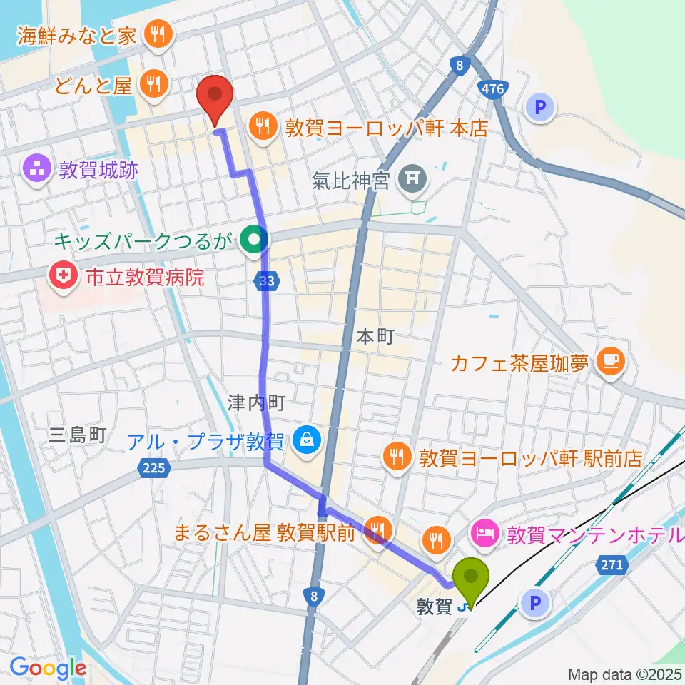 敦賀市立博物館の最寄駅敦賀駅からの徒歩ルート（約25分）地図
