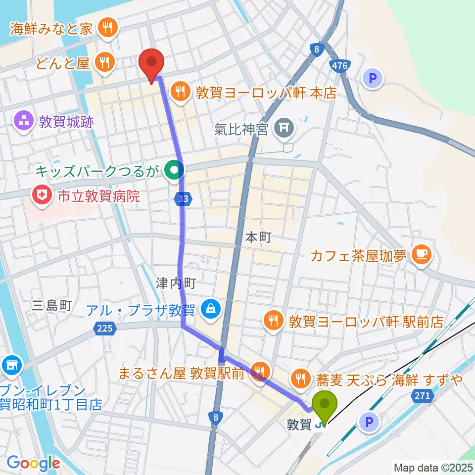 みなとつるが山車会館の最寄駅敦賀駅からの徒歩ルート（約25分）地図