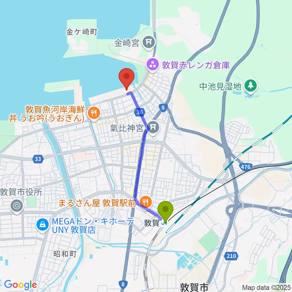 きらめきみなと館の最寄駅敦賀駅からの徒歩ルート（約29分）地図