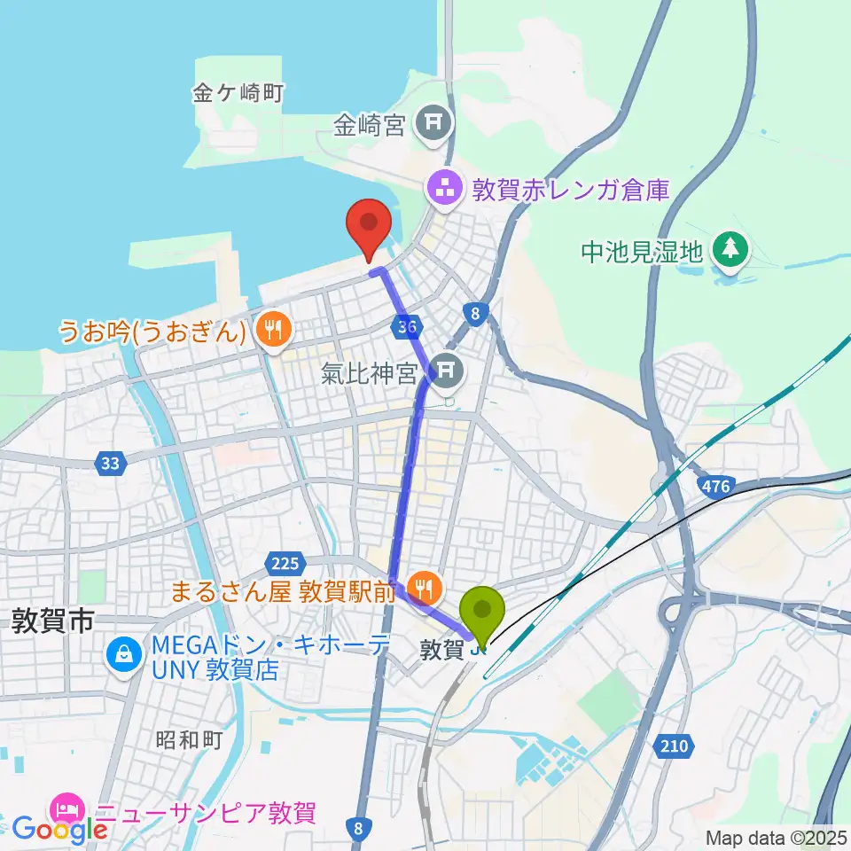 きらめきみなと館の最寄駅敦賀駅からの徒歩ルート（約29分）地図