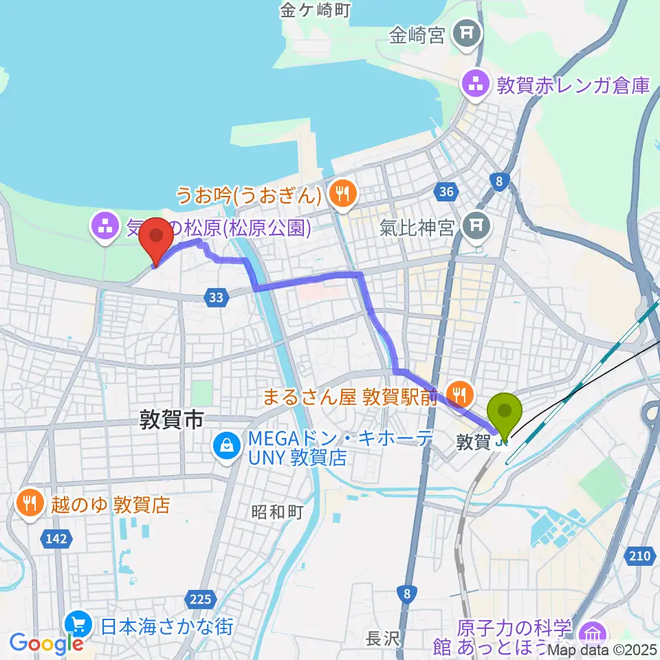 敦賀市営野球場の最寄駅敦賀駅からの徒歩ルート（約37分）地図
