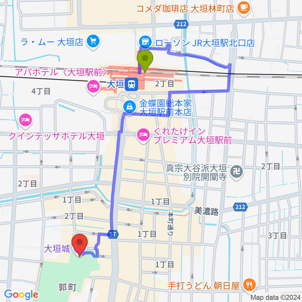 大垣城展望室の最寄駅大垣駅からの徒歩ルート（約10分）地図