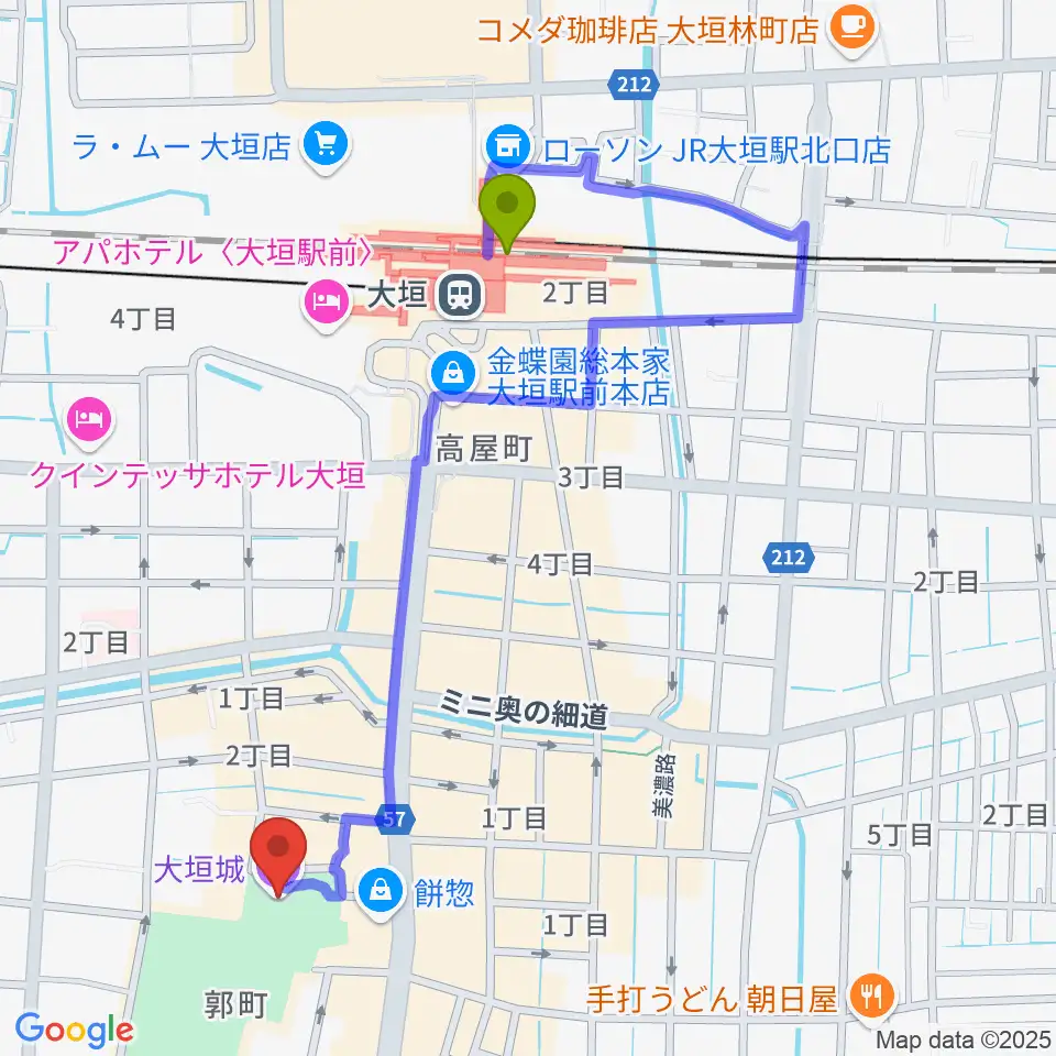 大垣城展望室の最寄駅大垣駅からの徒歩ルート（約10分）地図