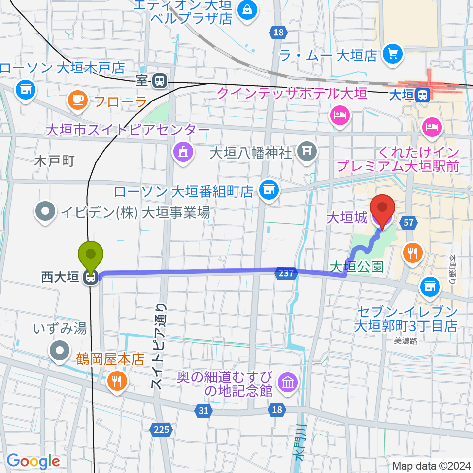 西大垣駅から大垣城展望室へのルートマップ地図