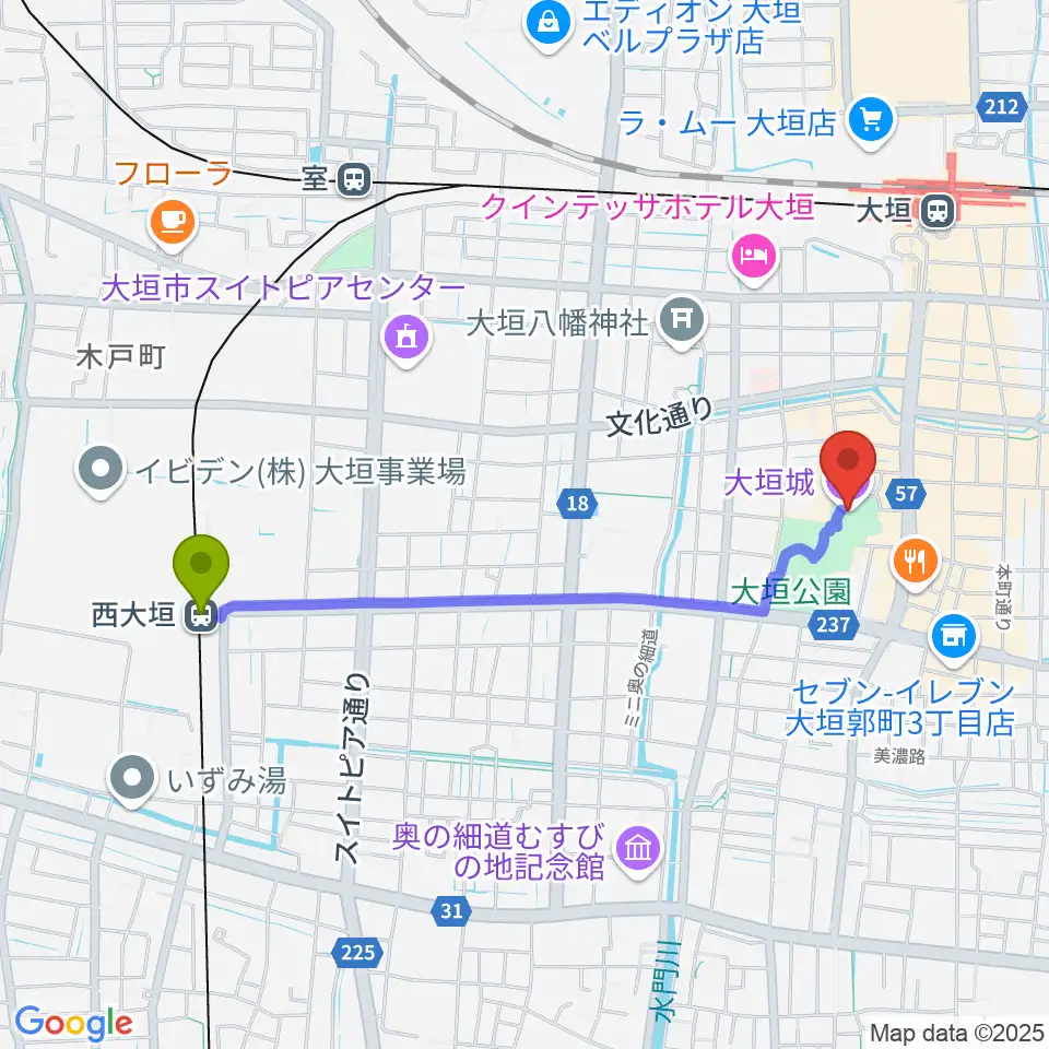 西大垣駅から大垣城展望室へのルートマップ地図