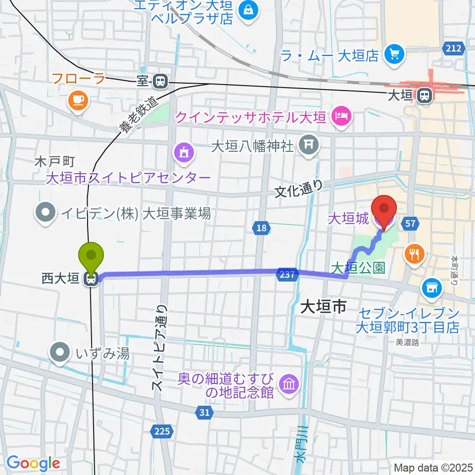 西大垣駅から大垣城展望室へのルートマップ地図