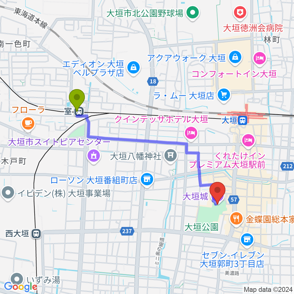 室駅から大垣城展望室へのルートマップ地図