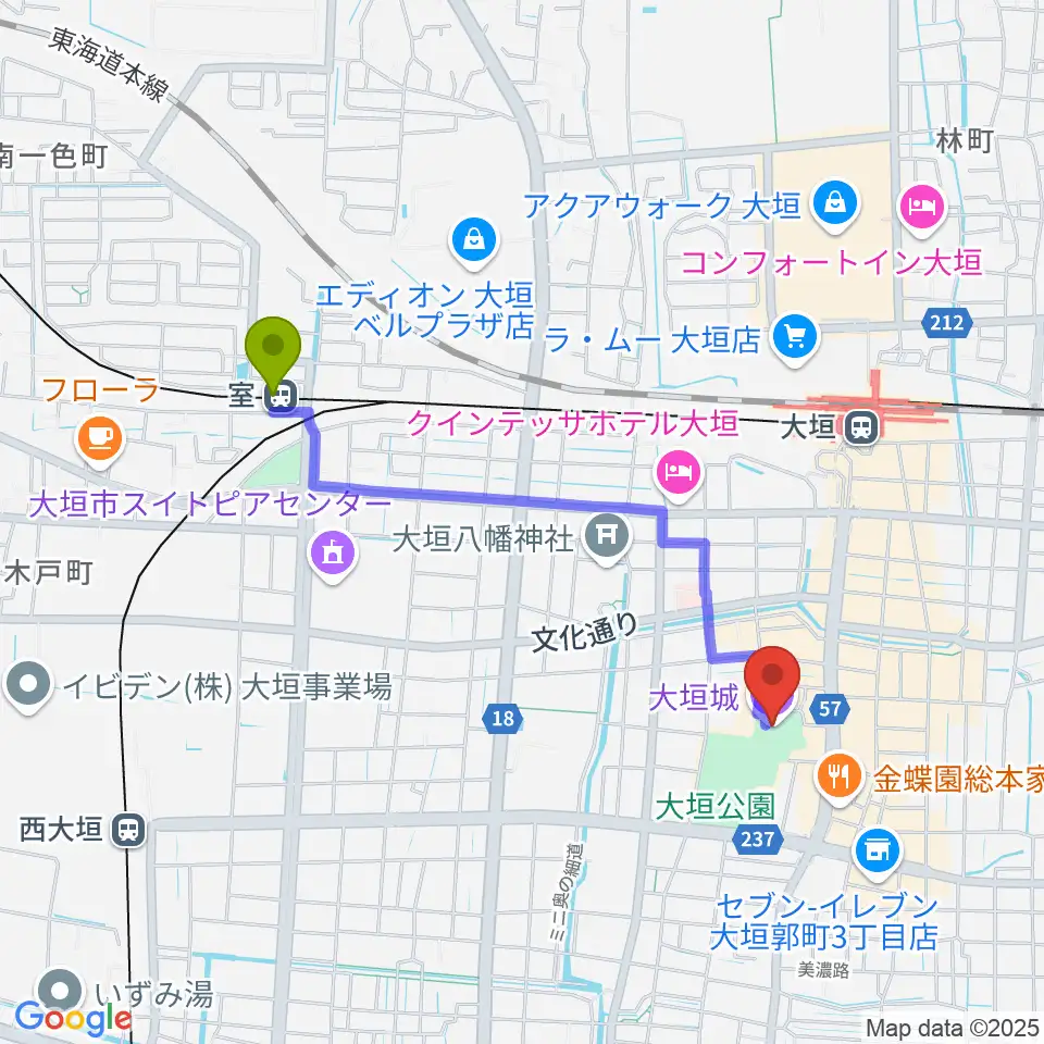 室駅から大垣城展望室へのルートマップ地図