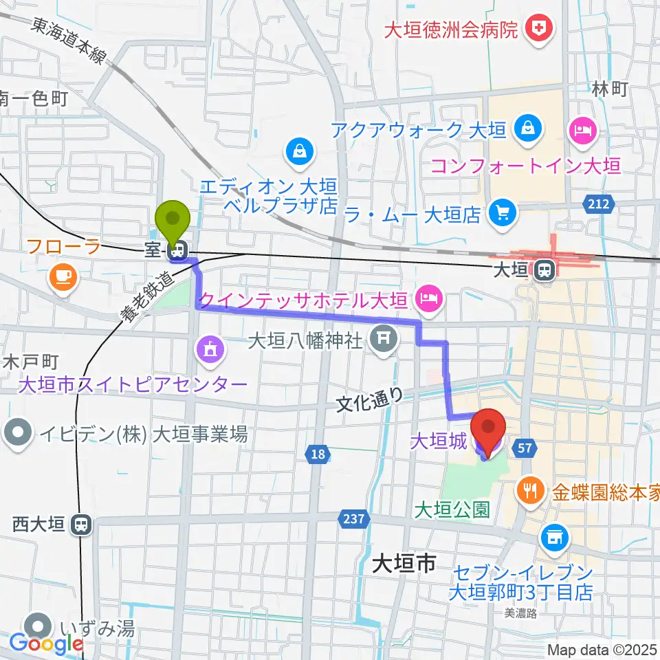 室駅から大垣城展望室へのルートマップ地図