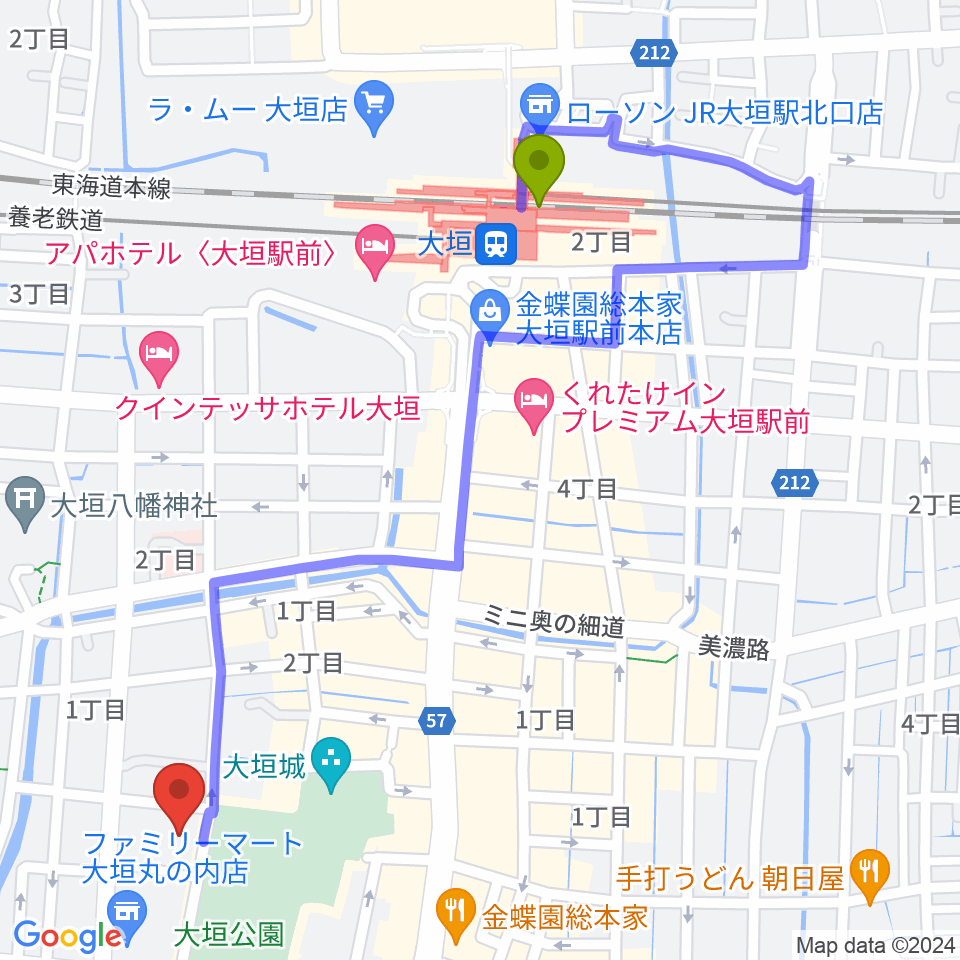 大垣市郷土館の最寄駅大垣駅からの徒歩ルート（約12分）地図