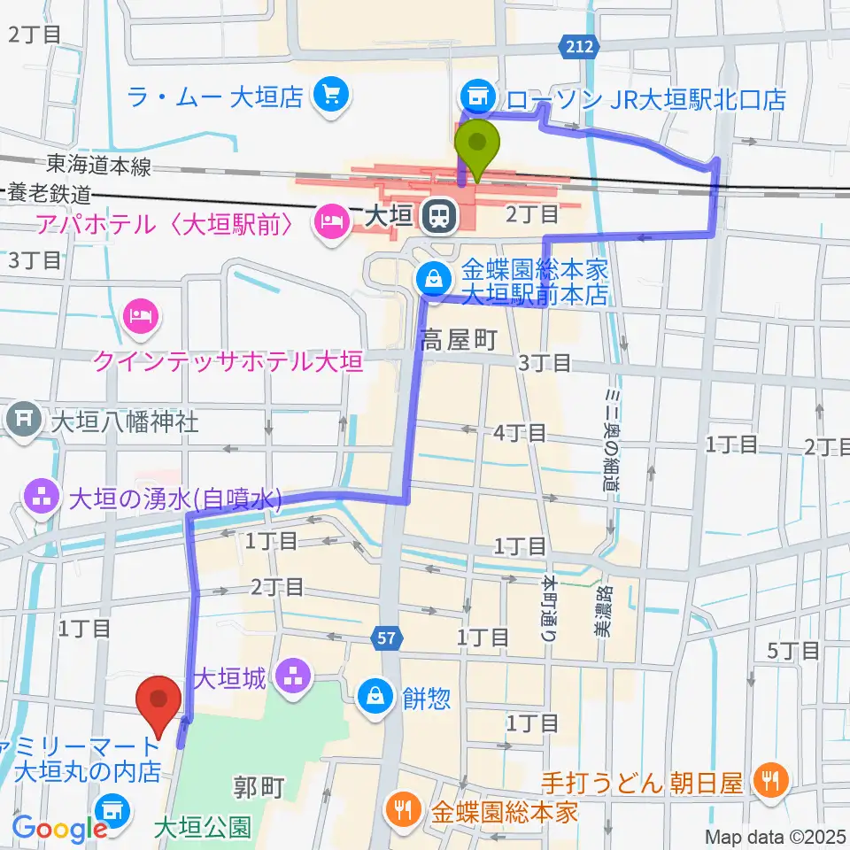 大垣市郷土館の最寄駅大垣駅からの徒歩ルート（約12分）地図